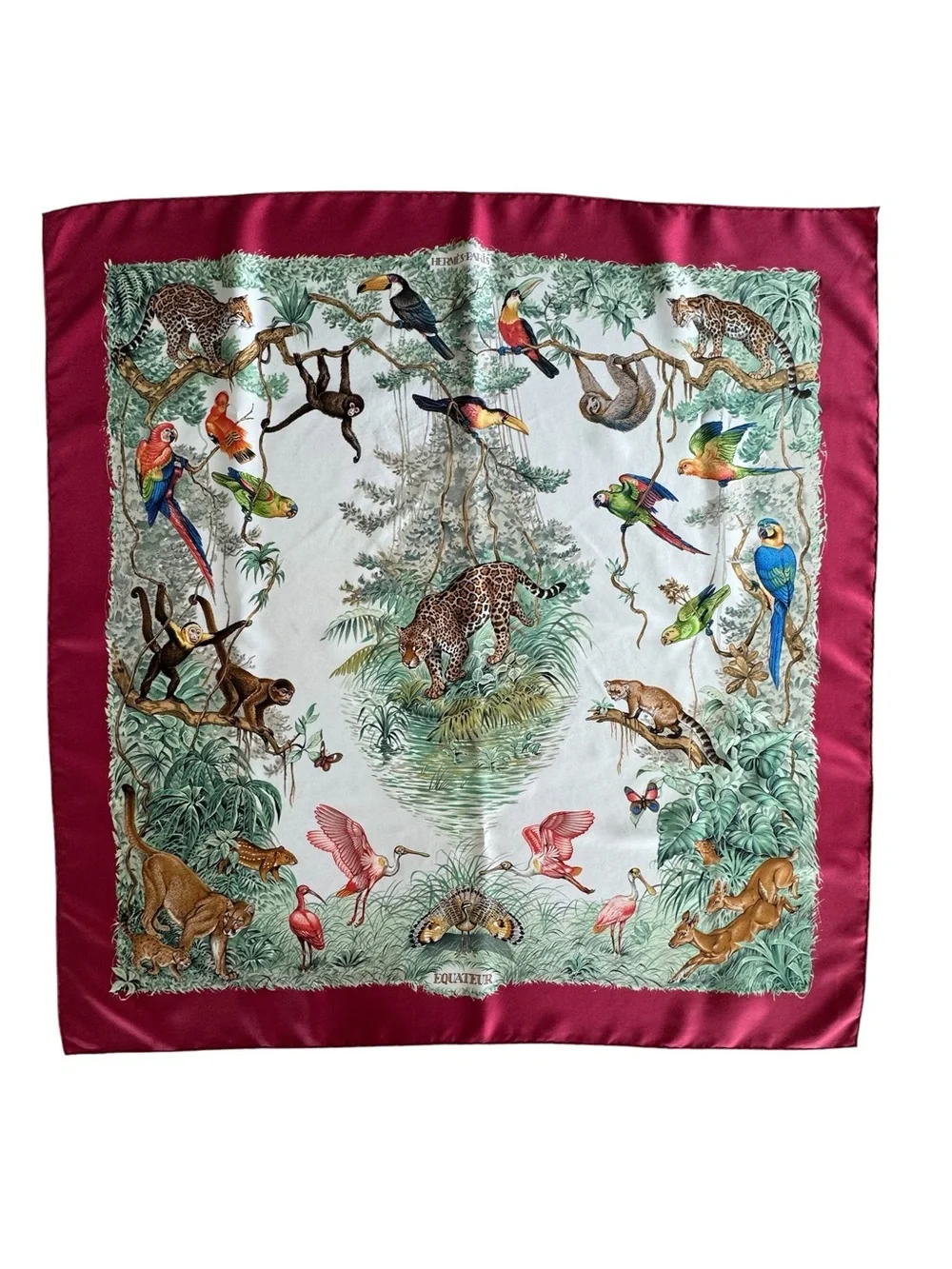 Hermes “Equateur” designed by Robert DalletPrint Silk Scarf with Red Border
